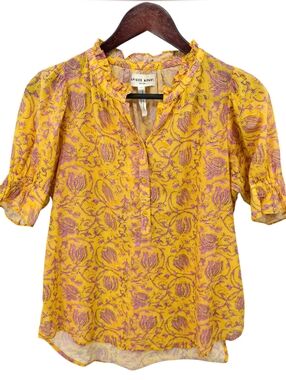 Apiece Apart Organic Cotton Block Print Blouse Yellow Pink Ruffle Neck Boho XS